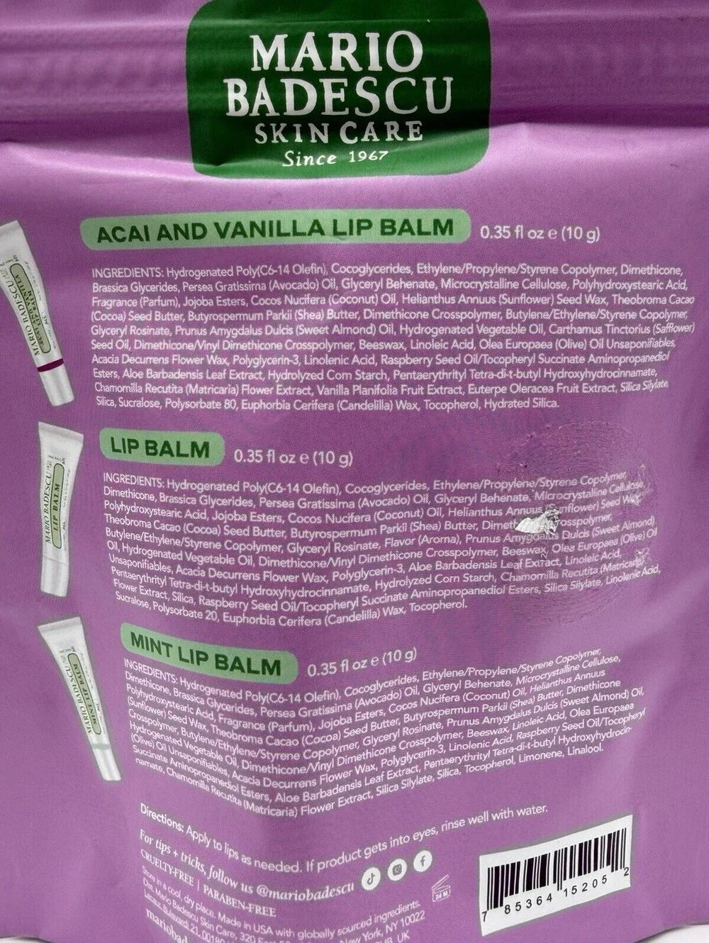 3pc Mario Badescu Lip Balm Set NEW and Sealed- Acai & Vanilla, Plain and Mint